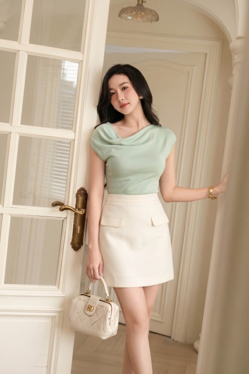 Sixdo Light Mint Cowl Neck Knit Blouse